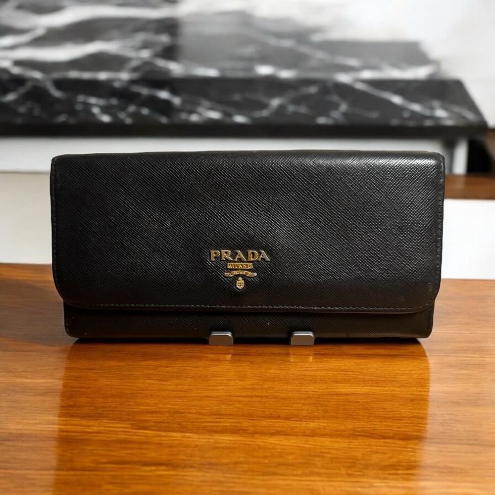 Prada Black Leather Long Flap Wallet